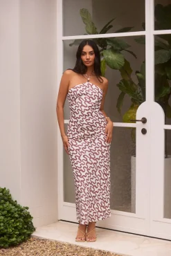 Vacation Dresses|Date Night Dresses>Hello Molly Sand Dune Halter Midi Dress Chocolate