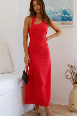 Cocktail Dresses|Date Night Dresses>Hello Molly Scarlet Hues Halter Maxi Dress Red