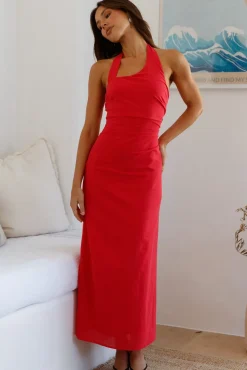 Cocktail Dresses|Date Night Dresses>Hello Molly Scarlet Hues Halter Maxi Dress Red