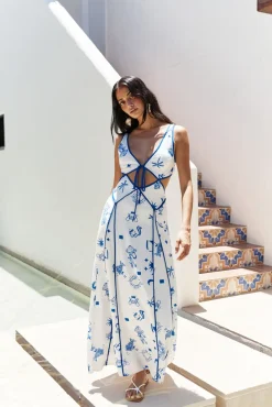 Vacation Dresses|Brunch Dresses>Hello Molly Seaside Charm Cutout Maxi Dress Blue