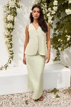 Skirts|Skirt And Top Sets>Hello Molly Seaside Haven Linen Maxi Skirt Green