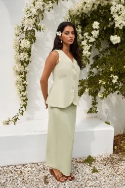 Skirts|Skirt And Top Sets>Hello Molly Seaside Haven Linen Maxi Skirt Green