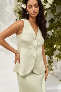 Fashion Tops And Vests|Cropped>Hello Molly Seaside Haven Linen Vest Top Green