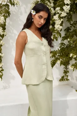 Fashion Tops And Vests|Cropped>Hello Molly Seaside Haven Linen Vest Top Green