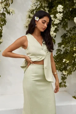 Fashion Tops And Vests|Cropped>Hello Molly Seaside Haven Linen Vest Top Green