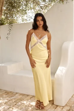 Cocktail Dresses|Date Night Dresses>Hello Molly Secret Admirer Satin Maxi Dress Yellow