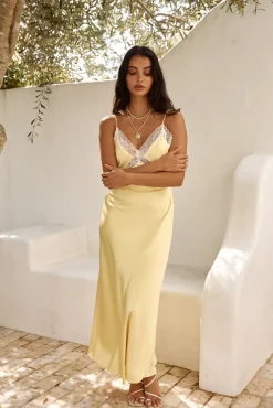 Cocktail Dresses|Date Night Dresses>Hello Molly Secret Admirer Satin Maxi Dress Yellow
