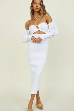 White Dresses|Midi Dresses>Seven Wonders Luciano Shirred Midi Dress White