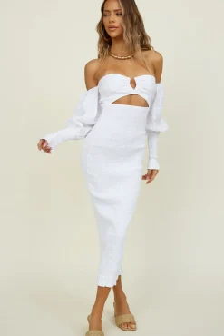 White Dresses|Midi Dresses>Seven Wonders Luciano Shirred Midi Dress White