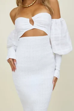 White Dresses|Midi Dresses>Seven Wonders Luciano Shirred Midi Dress White