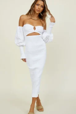 White Dresses|Midi Dresses>Seven Wonders Luciano Shirred Midi Dress White