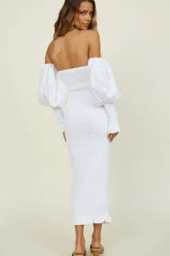 White Dresses|Midi Dresses>Seven Wonders Luciano Shirred Midi Dress White