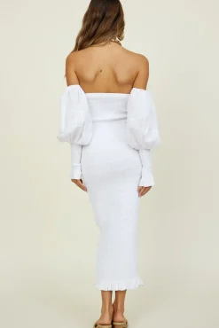 White Dresses|Midi Dresses>Seven Wonders Luciano Shirred Midi Dress White