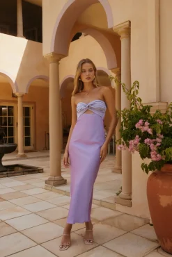 Formal Dresses|Cocktail Dresses>Hello Molly Shell Bay Strapless Maxi Dress Purple