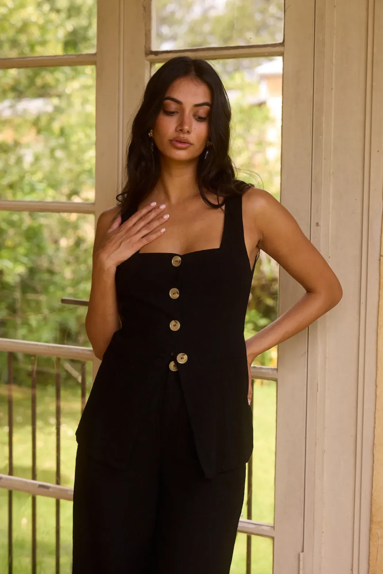 Cropped|Two-Piece Pants Set>Hello Molly Shell Island Top Black