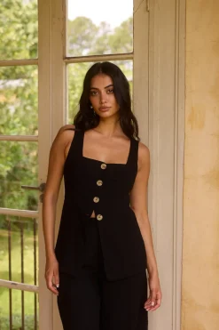 Cropped|Two-Piece Pants Set>Hello Molly Shell Island Top Black