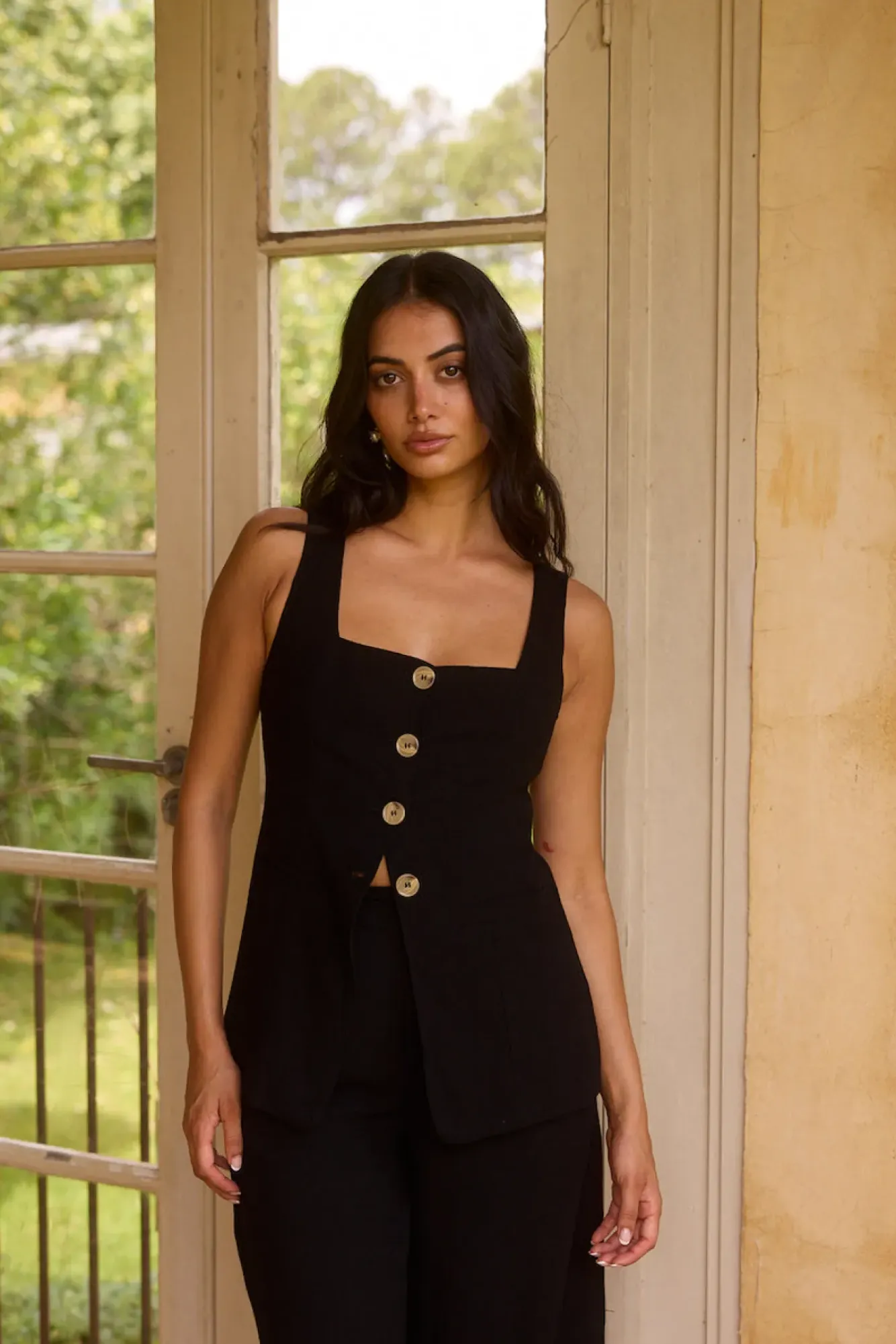 Cropped|Two-Piece Pants Set>Hello Molly Shell Island Top Black