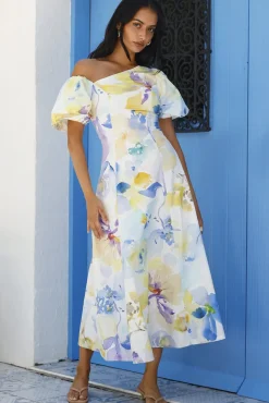 Wedding Guest Dresses|Vacation Dresses>Hello Molly Silent Lullabies One Shoulder Midi Dress Print
