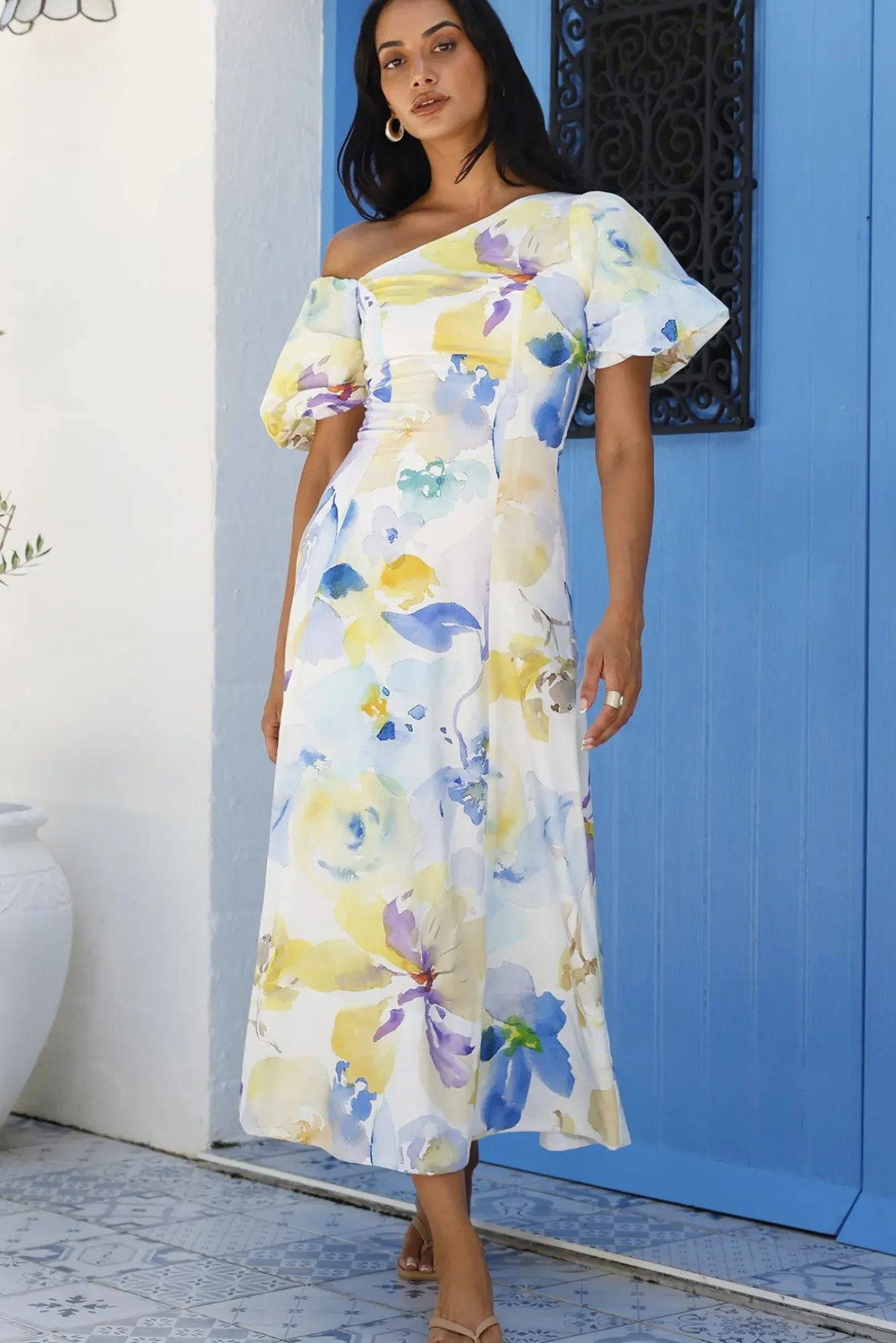 Wedding Guest Dresses|Vacation Dresses>Hello Molly Silent Lullabies One Shoulder Midi Dress Print