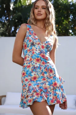Vacation Dresses|Spring Break Dresses>Hello Molly Sky Blooms Mini Dress Blue