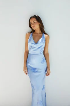 Maxi Dresses>RUNAWAY THE LABEL Skylar Satin Maxi Dress Blue