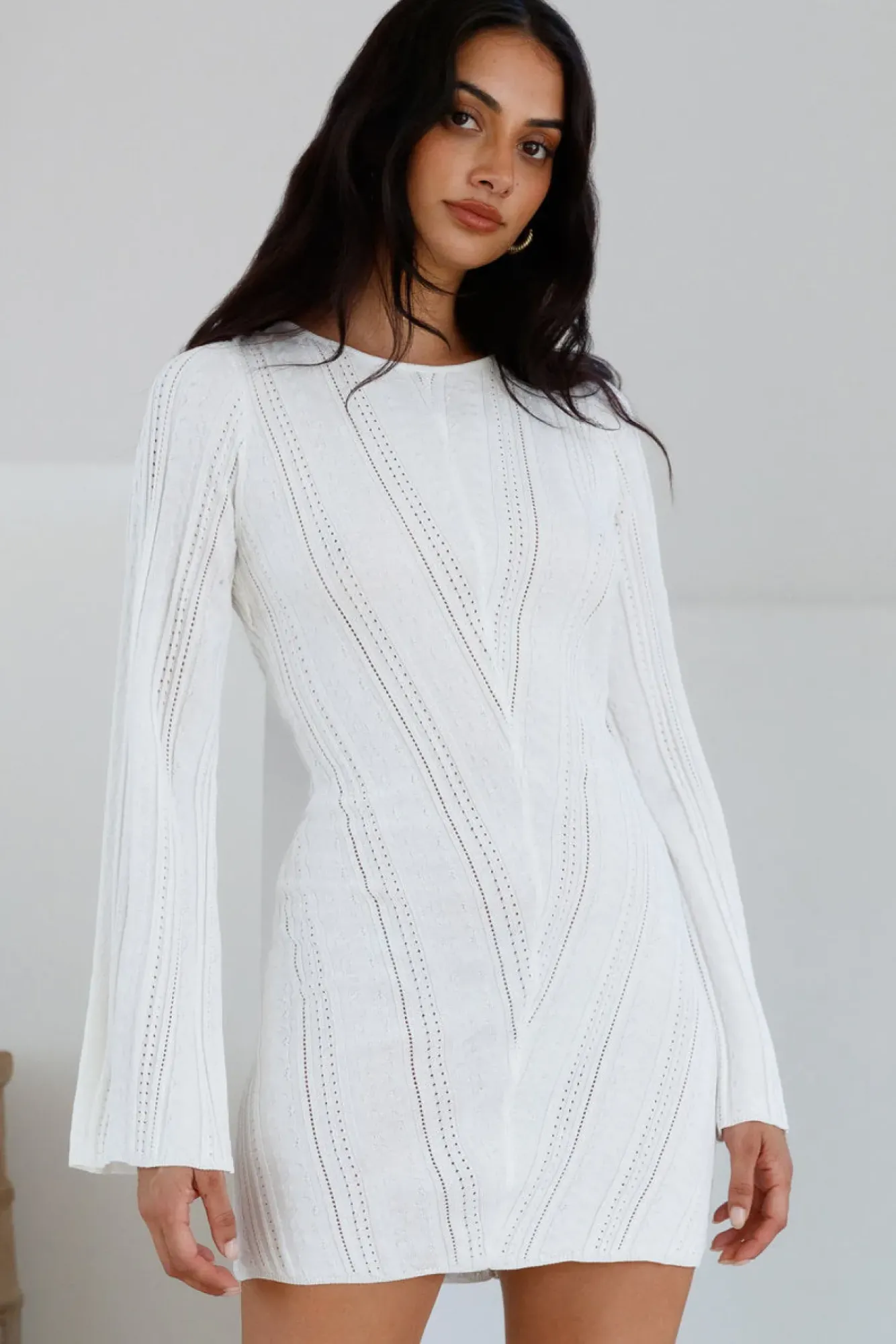 Vacation Dresses|Brunch Dresses>Hello Molly Soulful Nights Long Sleeve Mini Dress White