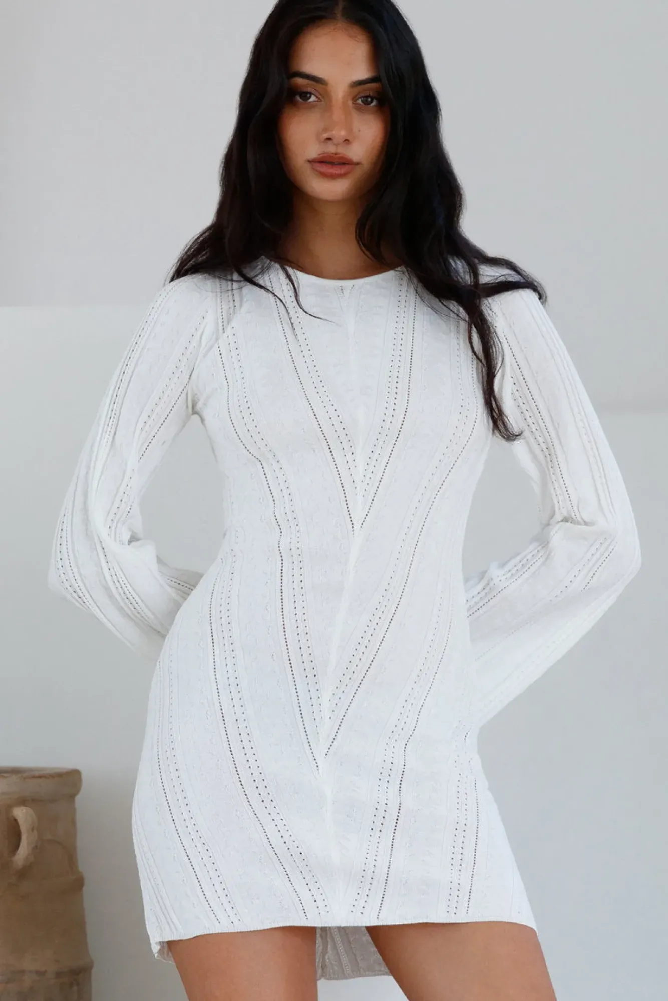 Vacation Dresses|Brunch Dresses>Hello Molly Soulful Nights Long Sleeve Mini Dress White
