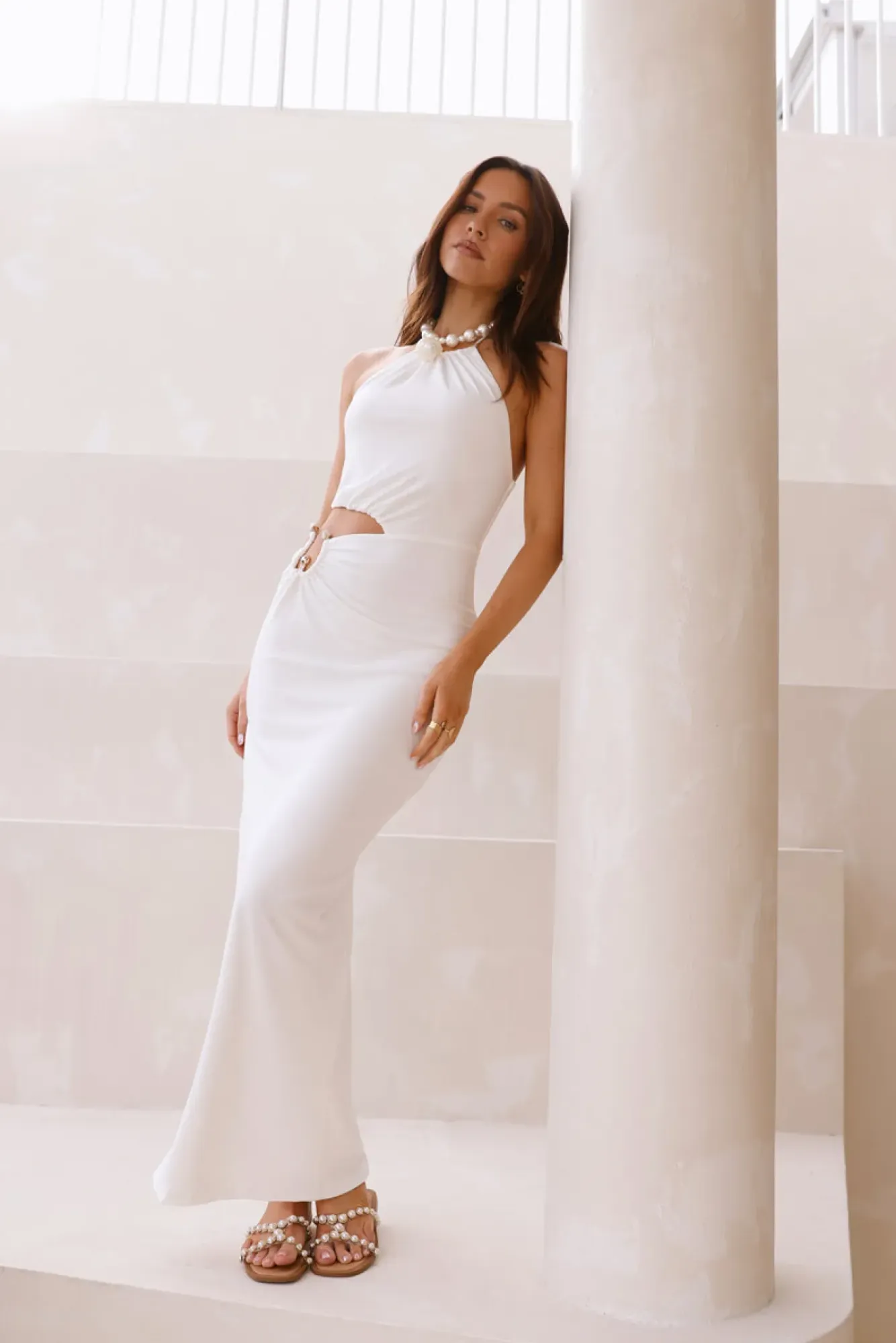 Cocktail Dresses|Vacation Dresses>Hello Molly South Of France Halter Maxi Dress White