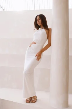 Cocktail Dresses|Vacation Dresses>Hello Molly South Of France Halter Maxi Dress White