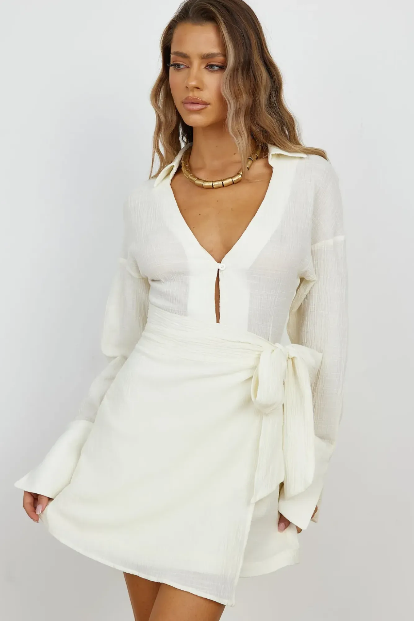 Long Sleeve Dresses|Mini Dresses>Hello Molly Springtime Blossom Dress Beige