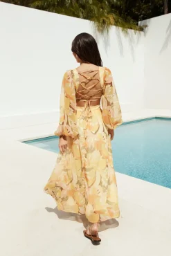 Wedding Guest Dresses|Date Night Dresses>Hello Molly Starlight Blooms Long Sleeve Maxi Dress Yellow