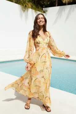 Wedding Guest Dresses|Date Night Dresses>Hello Molly Starlight Blooms Long Sleeve Maxi Dress Yellow