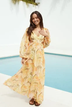 Wedding Guest Dresses|Date Night Dresses>Hello Molly Starlight Blooms Long Sleeve Maxi Dress Yellow