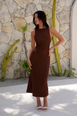 Vacation Dresses|Date Night Dresses>Hello Molly Subtle Sculpt Ribbed Midi Dress Chocolate