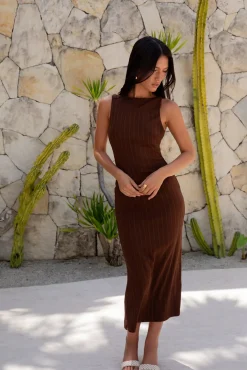 Vacation Dresses|Date Night Dresses>Hello Molly Subtle Sculpt Ribbed Midi Dress Chocolate