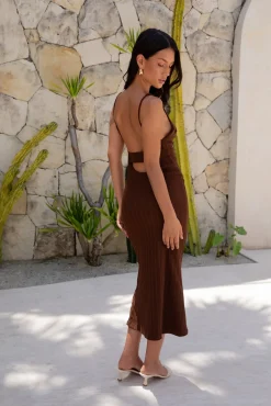 Vacation Dresses|Date Night Dresses>Hello Molly Subtle Sculpt Ribbed Midi Dress Chocolate