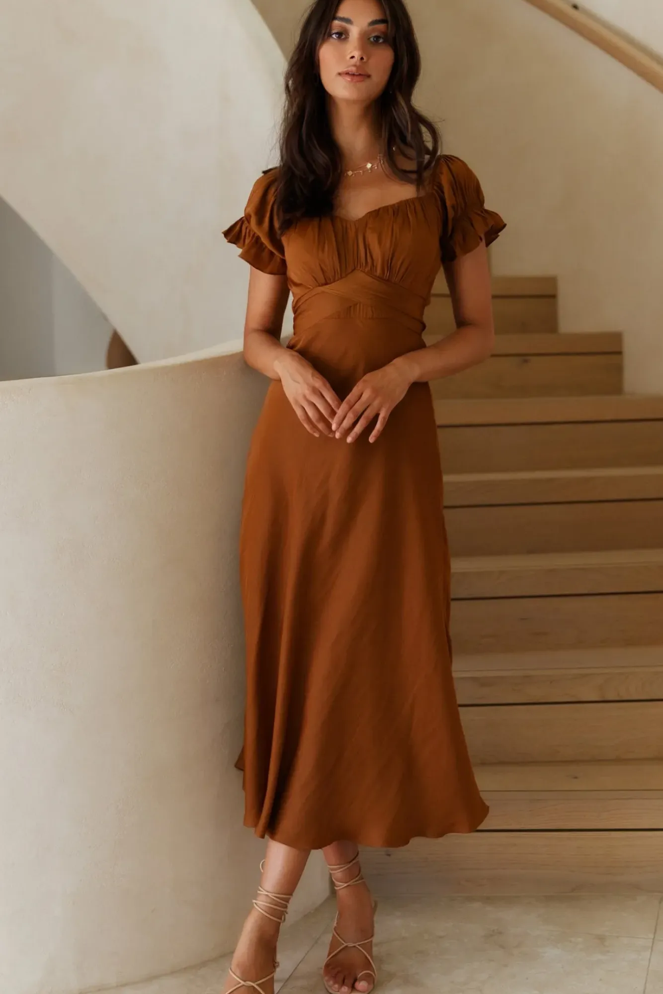 Vacation Dresses|Brunch Dresses>Hello Molly Sumatra Midi Dress Brown