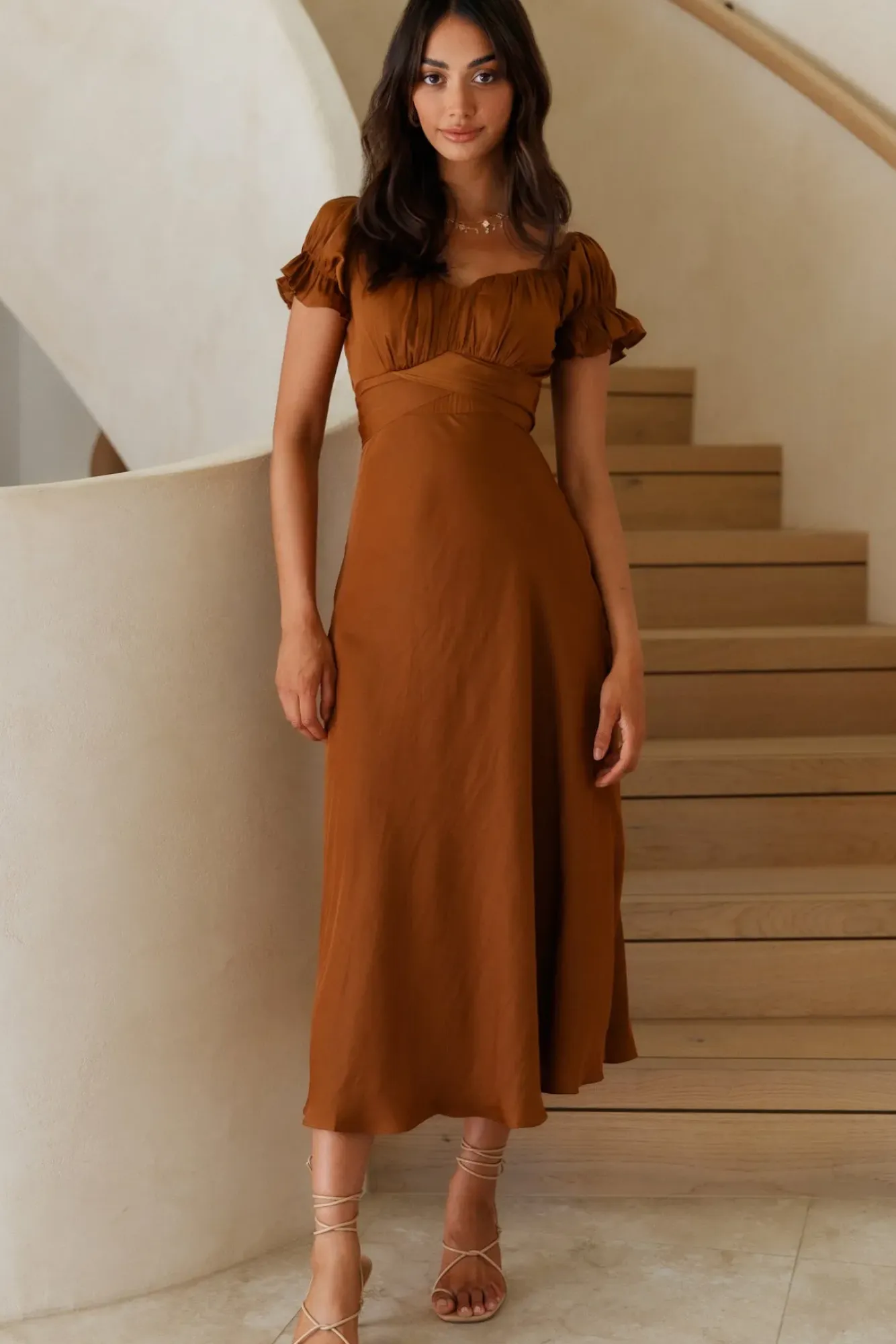 Vacation Dresses|Brunch Dresses>Hello Molly Sumatra Midi Dress Brown