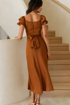 Vacation Dresses|Brunch Dresses>Hello Molly Sumatra Midi Dress Brown
