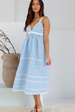 Vacation Dresses|Brunch Dresses>SOFIE THE LABEL Summer Soirée Midi Dress Blue