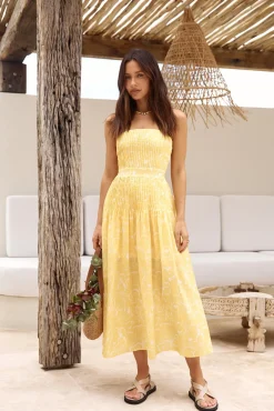 Cocktail Dresses|Brunch Dresses>Hello Molly Sunflower Fields Strapless Midi Dress Yellow