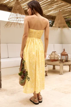 Cocktail Dresses|Brunch Dresses>Hello Molly Sunflower Fields Strapless Midi Dress Yellow