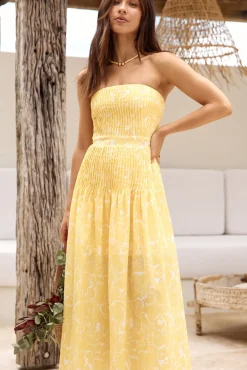 Cocktail Dresses|Brunch Dresses>Hello Molly Sunflower Fields Strapless Midi Dress Yellow