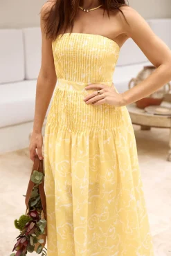 Cocktail Dresses|Brunch Dresses>Hello Molly Sunflower Fields Strapless Midi Dress Yellow