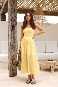Cocktail Dresses|Brunch Dresses>Hello Molly Sunflower Fields Strapless Midi Dress Yellow