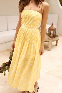 Cocktail Dresses|Brunch Dresses>Hello Molly Sunflower Fields Strapless Midi Dress Yellow