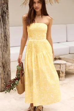 Cocktail Dresses|Brunch Dresses>Hello Molly Sunflower Fields Strapless Midi Dress Yellow