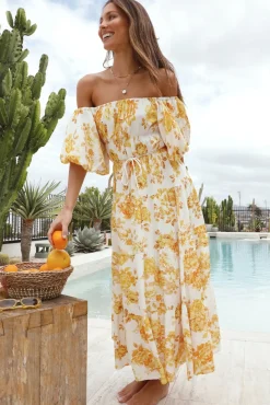 Casual Dresses|Off Shoulder Dresses>Hello Molly Sunflower Off-Shoulder Maxi Dress Yellow