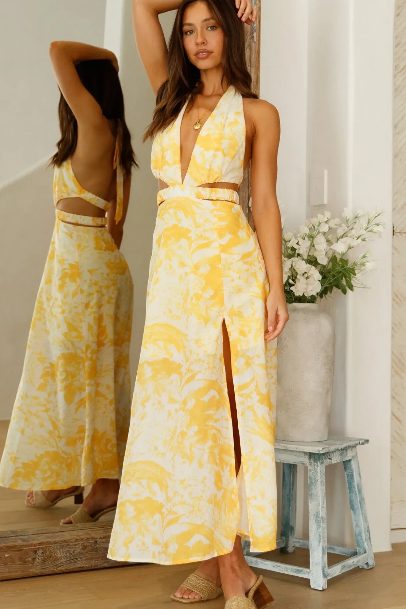 Wedding Guest Dresses|Cocktail Dresses>Hello Molly Sunlit Reflections Halter Maxi Dress Yellow