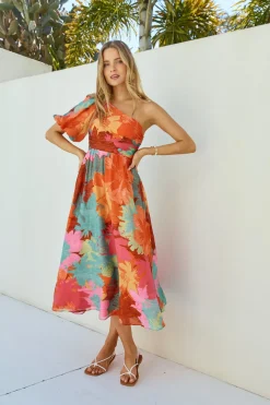 Vacation Dresses|Brunch Dresses>Hello Molly Sunseeker One Shoulder Maxi Dress Pink